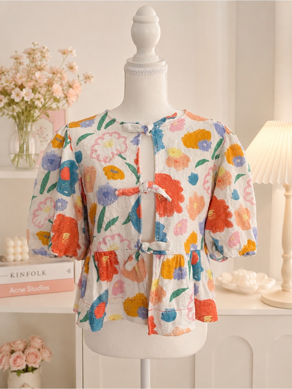 Aureum Floral Tie-Front Peplum Blouse Size M Cottagecore Puff Sleeve